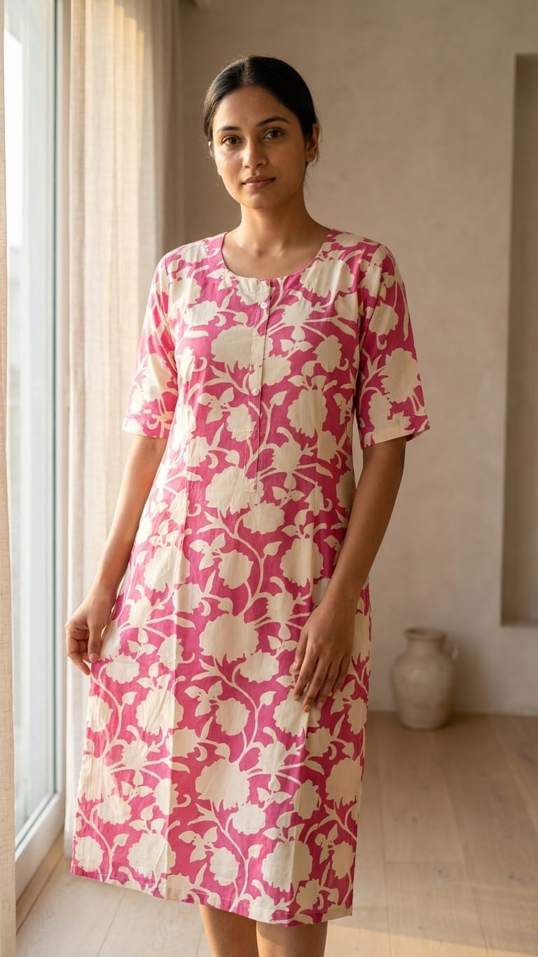 Pink & Cream Floral Printed Kurthi – Soft Everyday Ethnic Wear